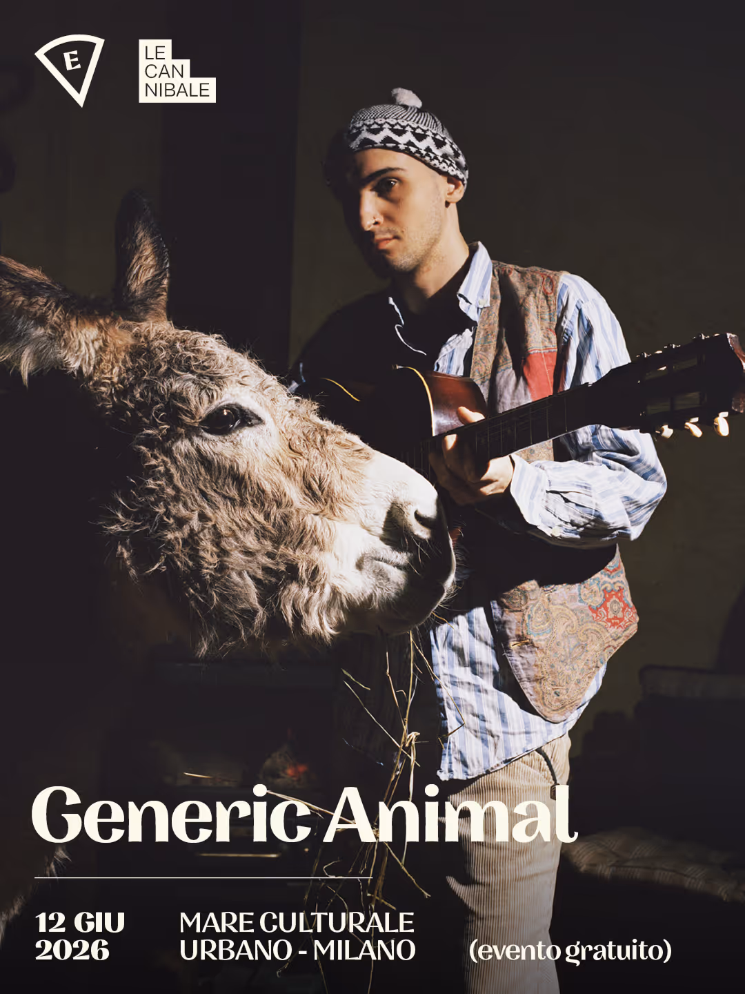Man playing guitar beside a donkey indoors, with event text about Generic Animal in Milan, 2026.